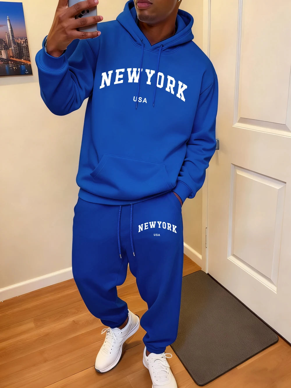 2 Pcs Hoodie Set Men'S New York Usa Letter Printed Sweatpants Casual Pocket Loose Hooded Sporty Pants Winter Fleece Warm Clothes