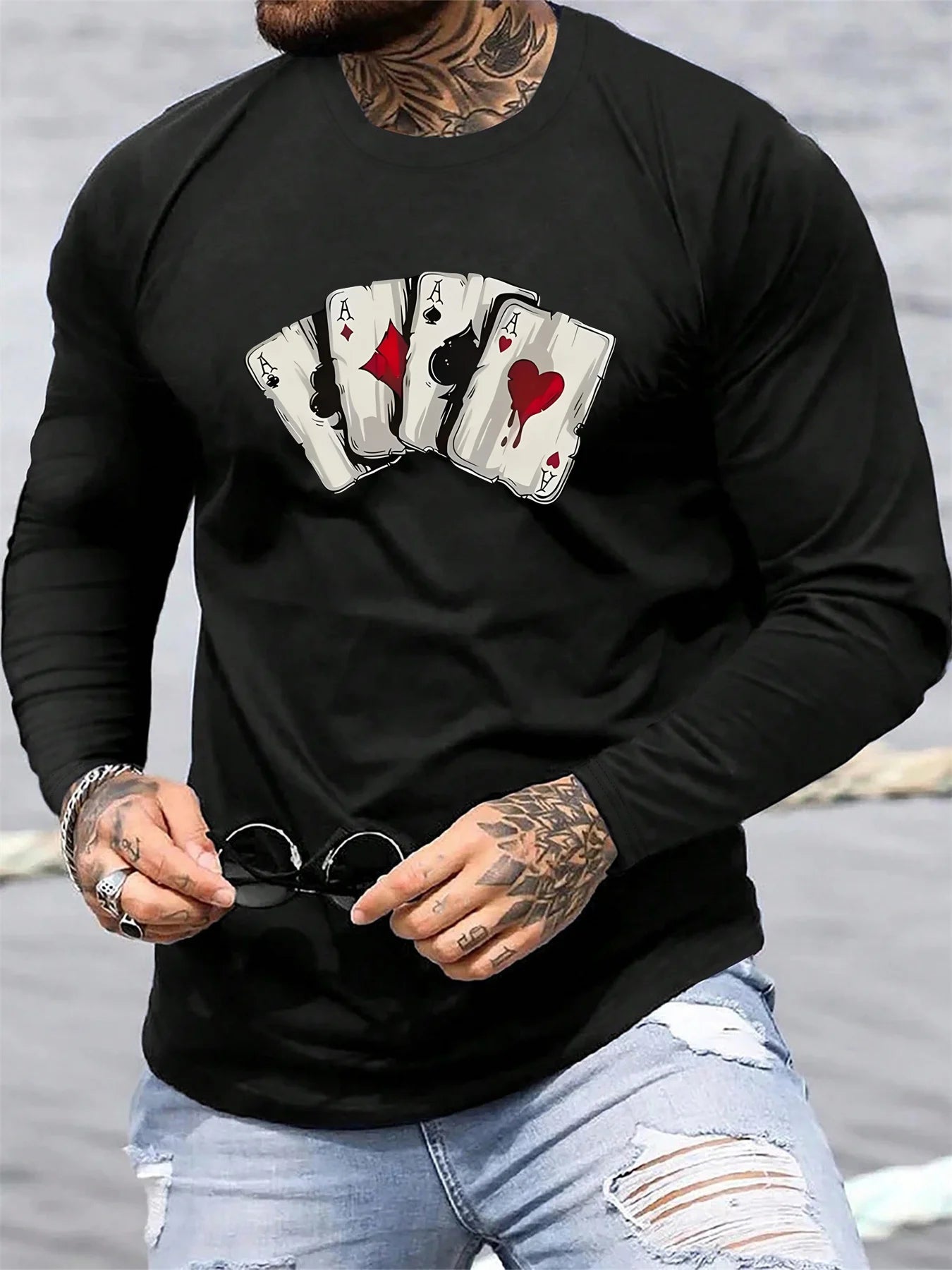100 cotton men's long sleeved round neck loose poker card pattern printed autumn and winter T-shirt top casual versatile