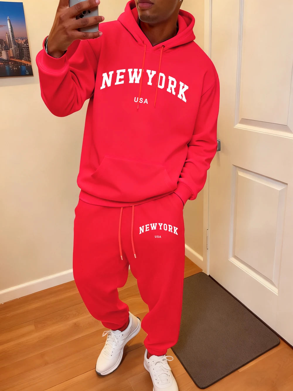 2 Pcs Hoodie Set Men'S New York Usa Letter Printed Sweatpants Casual Pocket Loose Hooded Sporty Pants Winter Fleece Warm Clothes