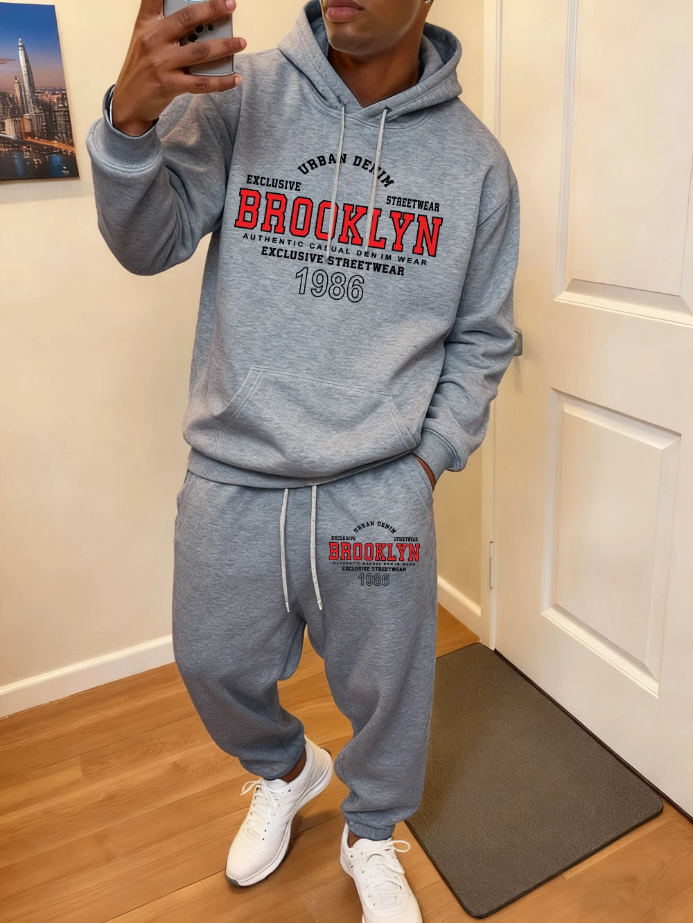 2 Pcs Hoodie Set Men Brooklyn Letter Simple Prints Sweatpants Sporty Fleece Warm Pocket Sweatshirt Pants Autumn Loose Clothes