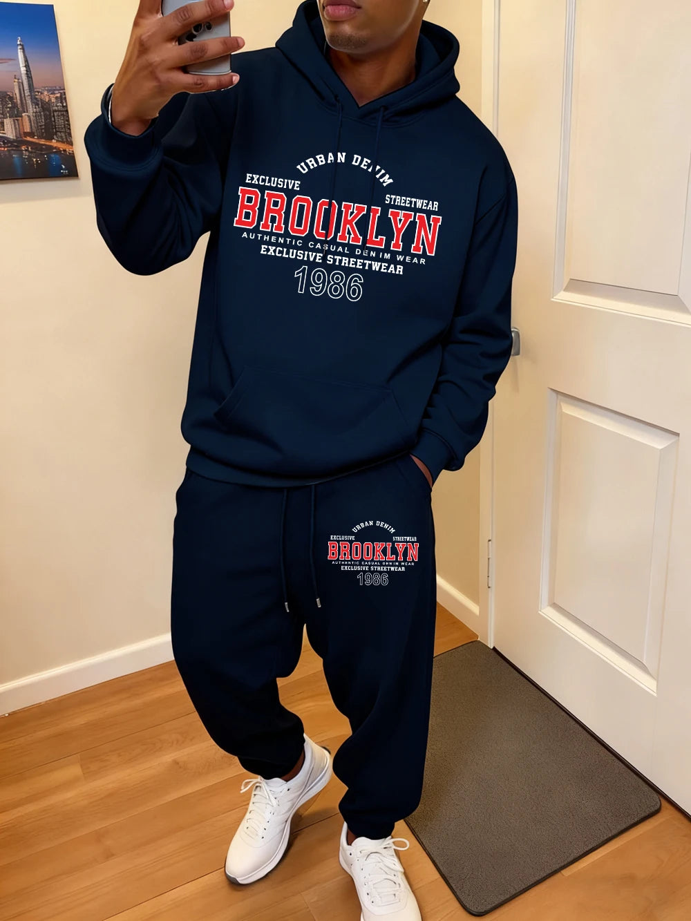 2 Pcs Hoodie Set Men Brooklyn Letter Simple Prints Sweatpants Sporty Fleece Warm Pocket Sweatshirt Pants Autumn Loose Clothes