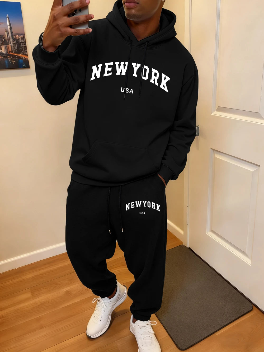 2 Pcs Hoodie Set Men'S New York Usa Letter Printed Sweatpants Casual Pocket Loose Hooded Sporty Pants Winter Fleece Warm Clothes