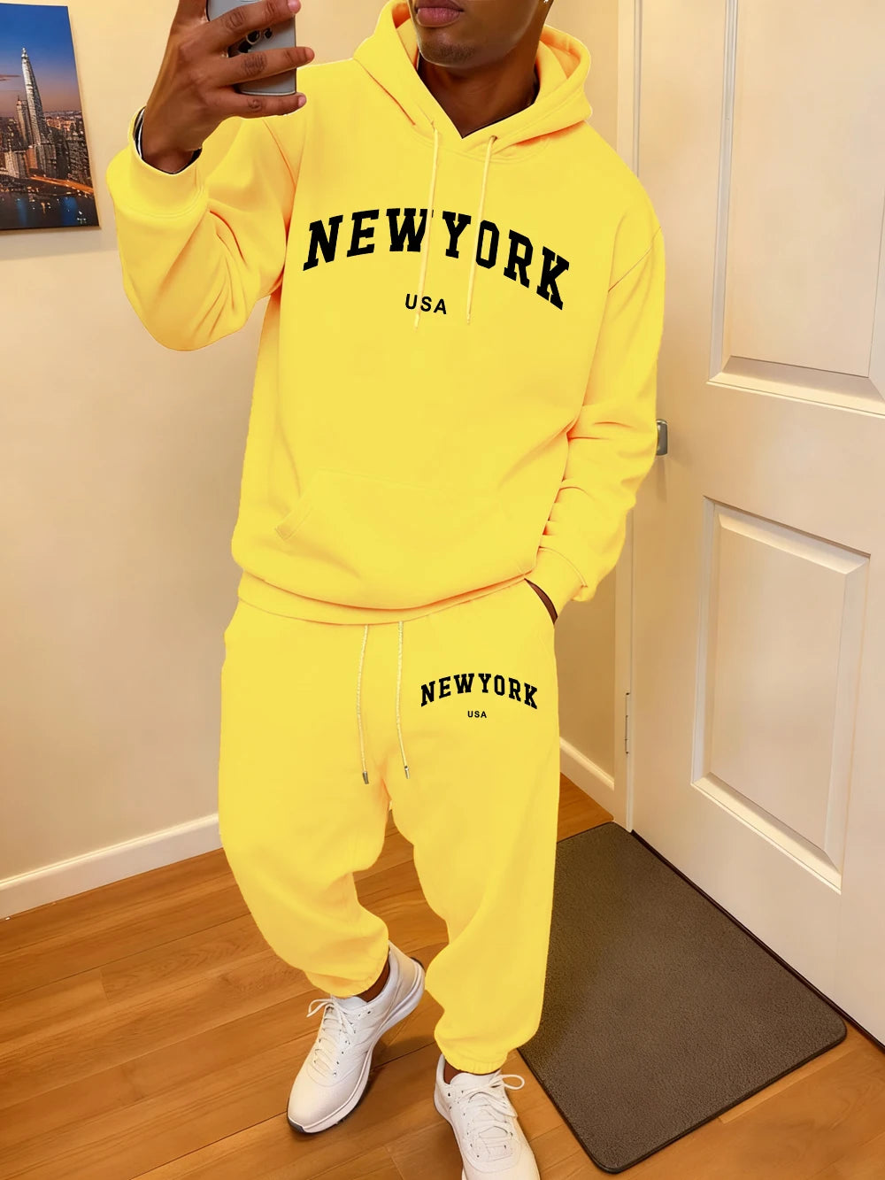 2 Pcs Hoodie Set Men'S New York Usa Letter Printed Sweatpants Casual Pocket Loose Hooded Sporty Pants Winter Fleece Warm Clothes