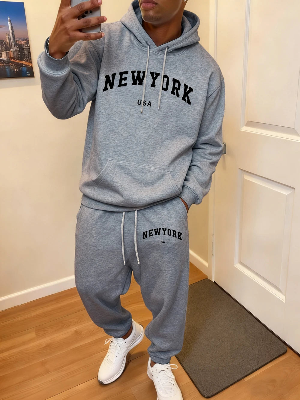 2 Pcs Hoodie Set Men'S New York Usa Letter Printed Sweatpants Casual Pocket Loose Hooded Sporty Pants Winter Fleece Warm Clothes