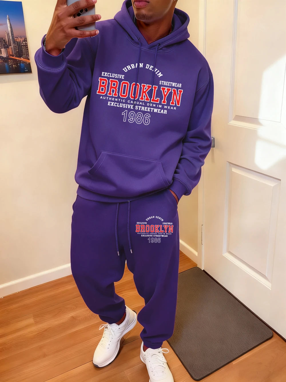 2 Pcs Hoodie Set Men Brooklyn Letter Simple Prints Sweatpants Sporty Fleece Warm Pocket Sweatshirt Pants Autumn Loose Clothes