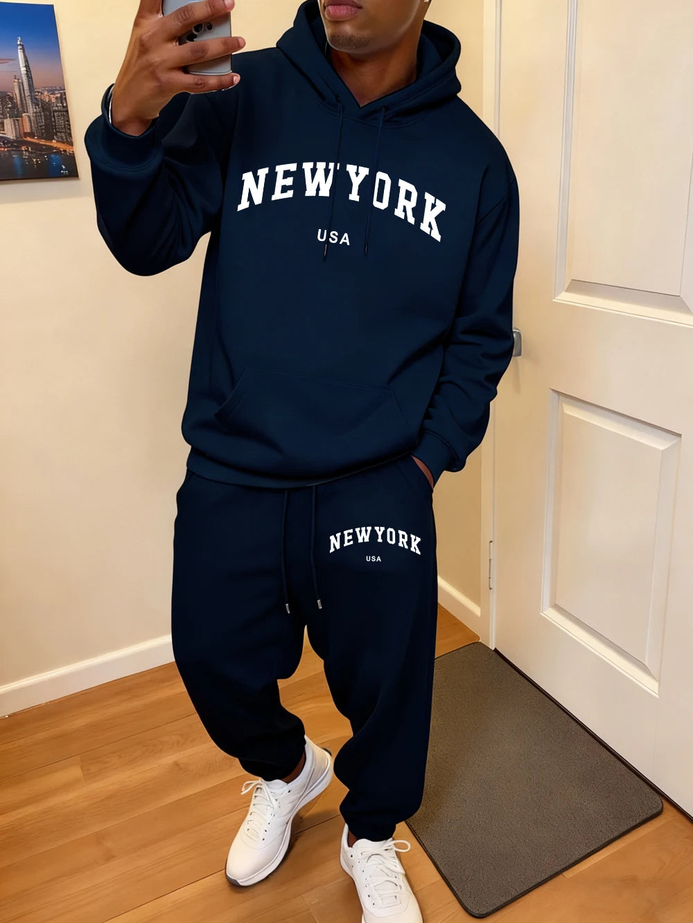 2 Pcs Hoodie Set Men'S New York Usa Letter Printed Sweatpants Casual Pocket Loose Hooded Sporty Pants Winter Fleece Warm Clothes