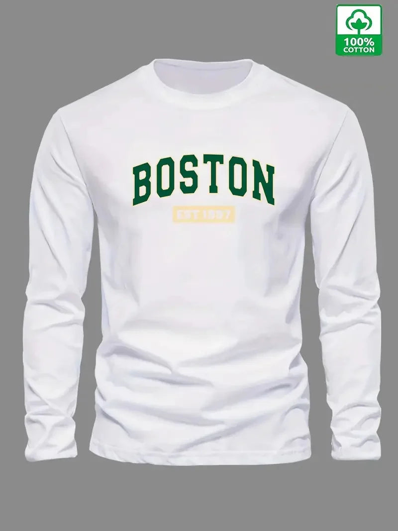 100% cotton men's long sleeved round neck loose BOSTON EST 1997 letter printed autumn and winter casual versatile T-shirt top