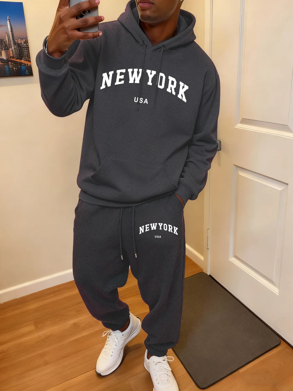 2 Pcs Hoodie Set Men'S New York Usa Letter Printed Sweatpants Casual Pocket Loose Hooded Sporty Pants Winter Fleece Warm Clothes
