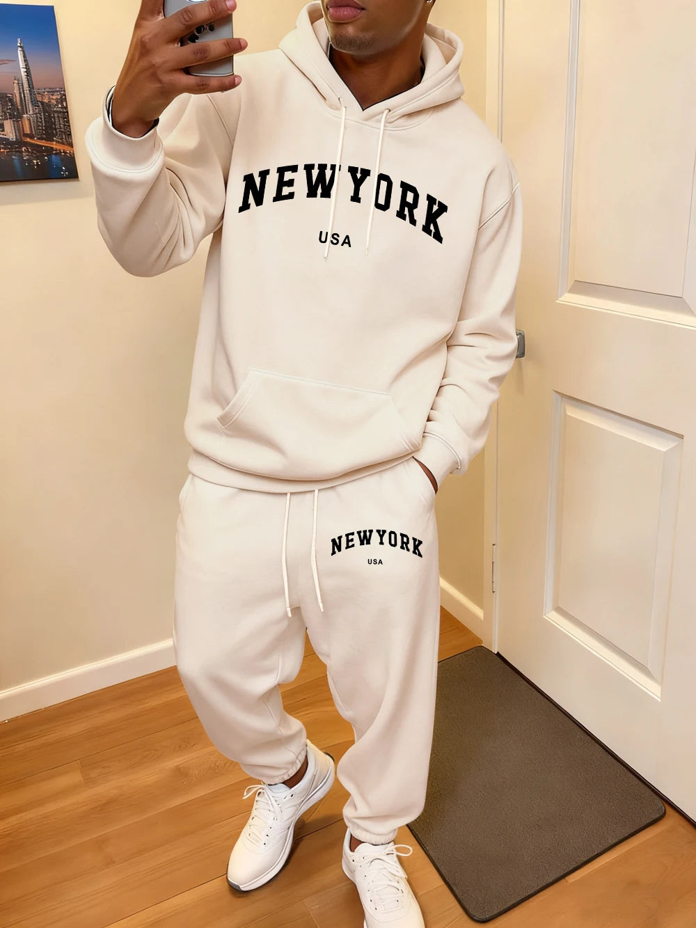 2 Pcs Hoodie Set Men'S New York Usa Letter Printed Sweatpants Casual Pocket Loose Hooded Sporty Pants Winter Fleece Warm Clothes