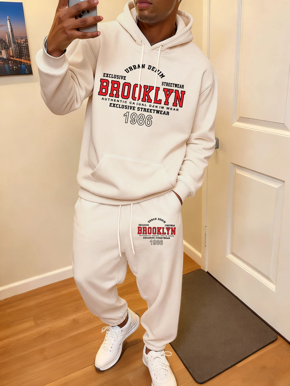 2 Pcs Hoodie Set Men Brooklyn Letter Simple Prints Sweatpants Sporty Fleece Warm Pocket Sweatshirt Pants Autumn Loose Clothes