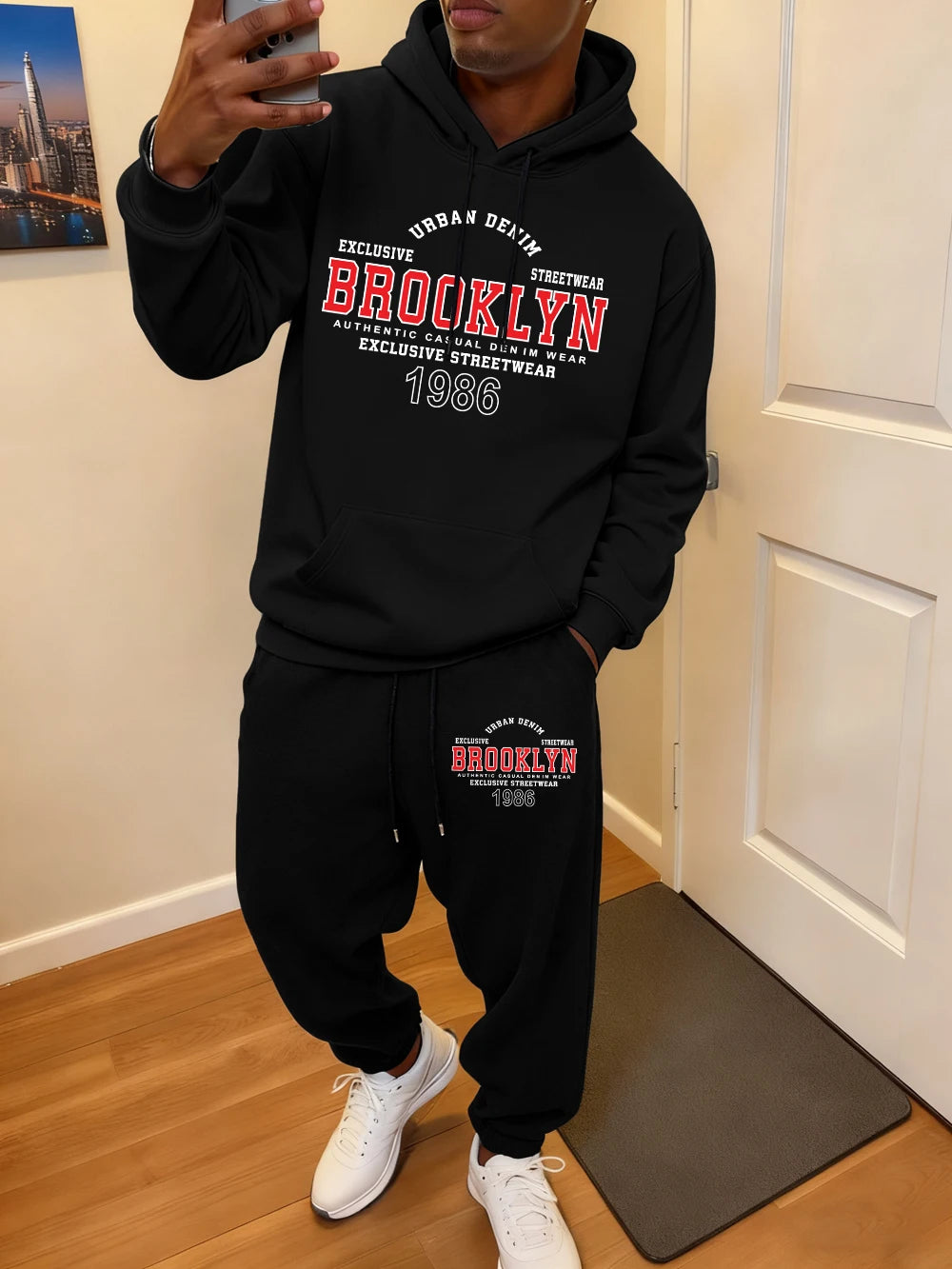 2 Pcs Hoodie Set Men Brooklyn Letter Simple Prints Sweatpants Sporty Fleece Warm Pocket Sweatshirt Pants Autumn Loose Clothes