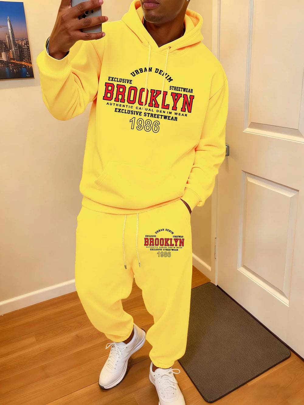 2 Pcs Hoodie Set Men Brooklyn Letter Simple Prints Sweatpants Sporty Fleece Warm Pocket Sweatshirt Pants Autumn Loose Clothes