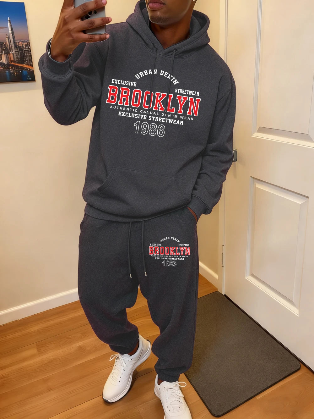 2 Pcs Hoodie Set Men Brooklyn Letter Simple Prints Sweatpants Sporty Fleece Warm Pocket Sweatshirt Pants Autumn Loose Clothes