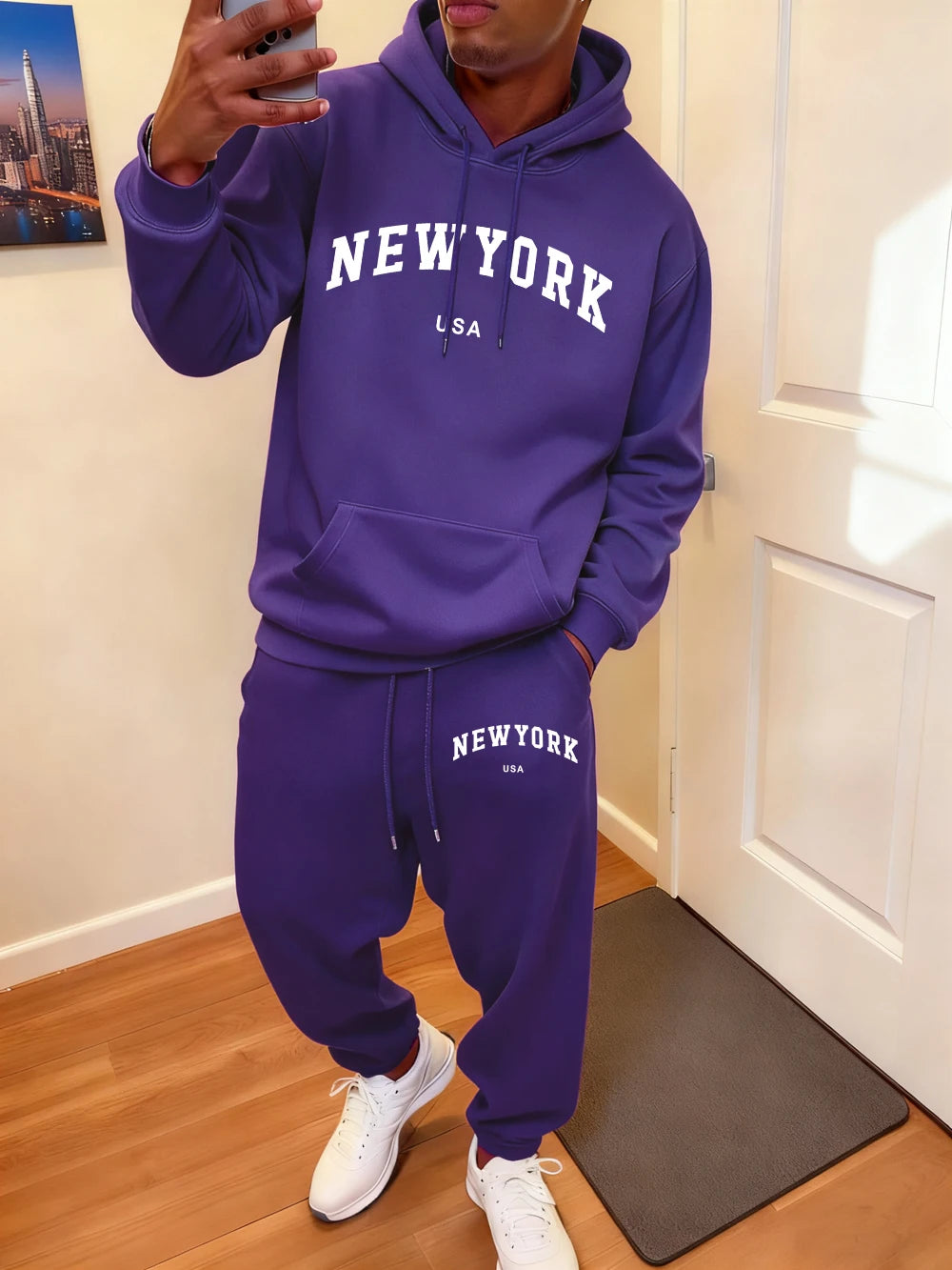 2 Pcs Hoodie Set Men'S New York Usa Letter Printed Sweatpants Casual Pocket Loose Hooded Sporty Pants Winter Fleece Warm Clothes