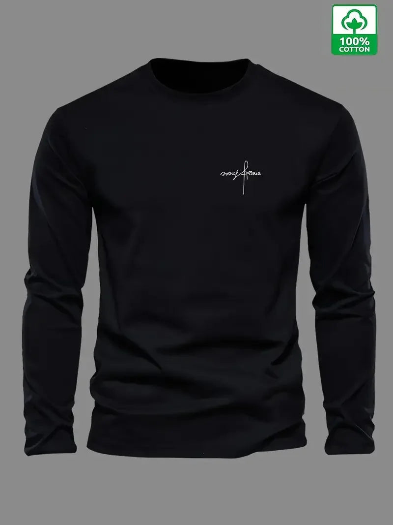 100% pure cotton men's long sleeved round neck loose classic letter printed autumn and winter casual versatile T-shirt top