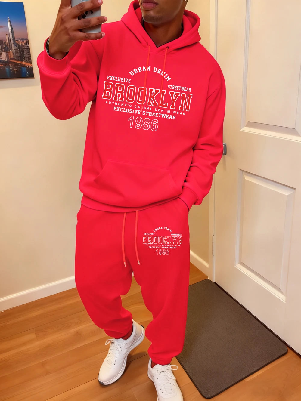 2 Pcs Hoodie Set Men Brooklyn Letter Simple Prints Sweatpants Sporty Fleece Warm Pocket Sweatshirt Pants Autumn Loose Clothes