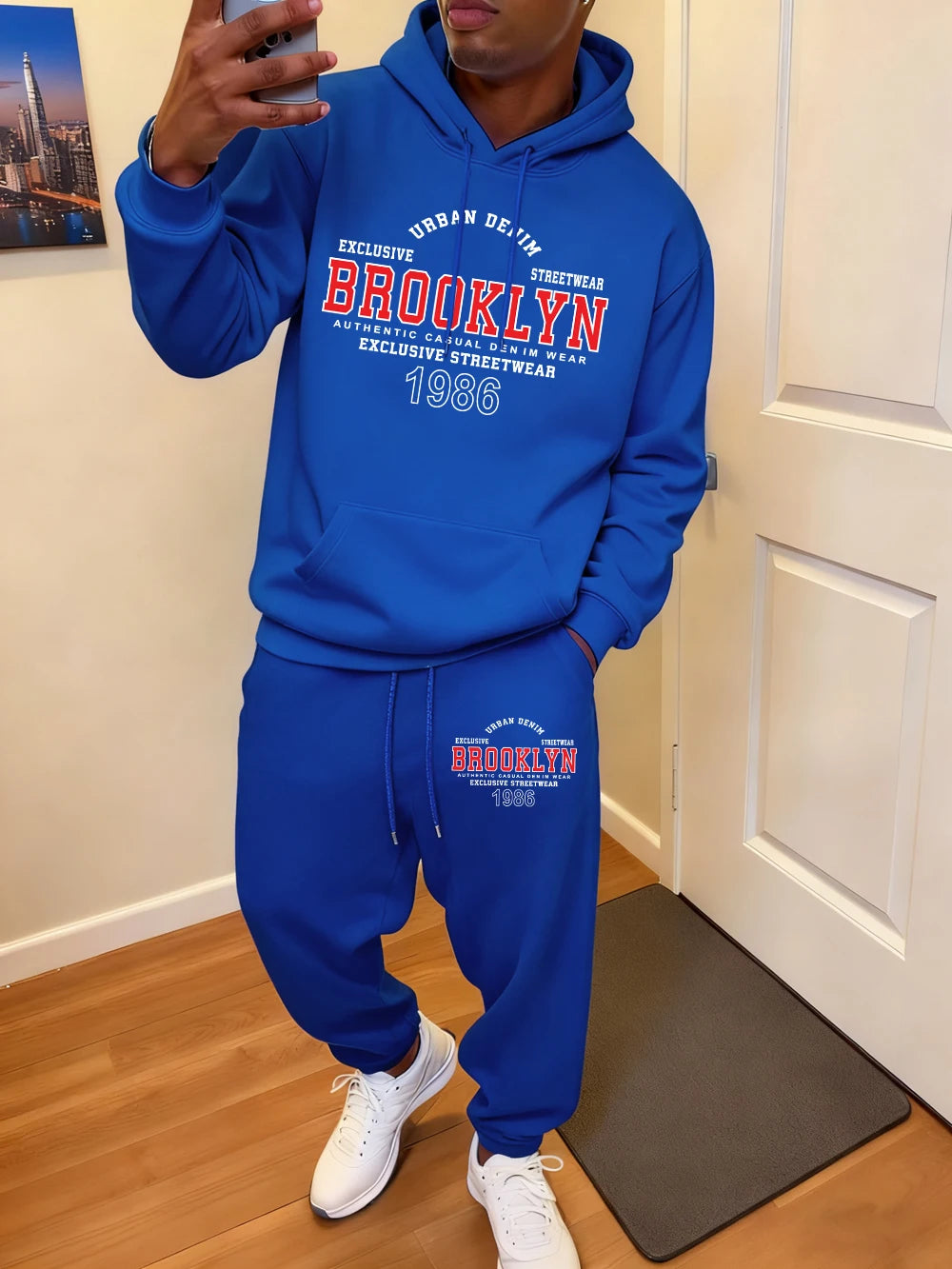 2 Pcs Hoodie Set Men Brooklyn Letter Simple Prints Sweatpants Sporty Fleece Warm Pocket Sweatshirt Pants Autumn Loose Clothes